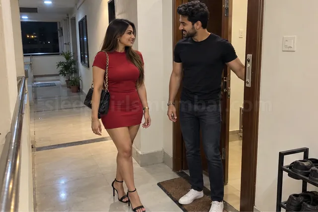 A woman in a short red bodycon dress arriving at a service apartment door while a man in a black T-shirt holds it open