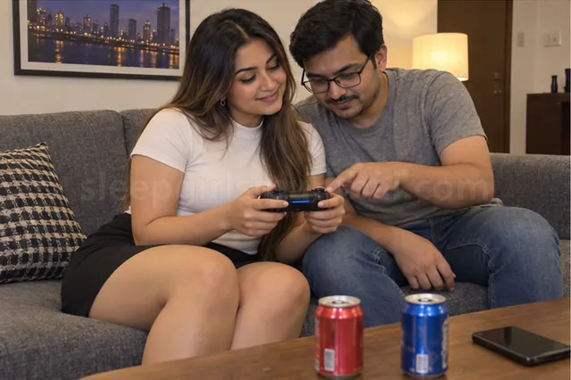 A woman in a white top and a short black skirt holding a game controller while a man in glasses shows her the buttons on a sofa in a friend's flat