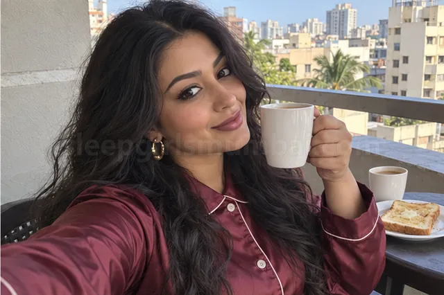 A woman in a wine satin night set taking a selfie with a cup of coffee on a hotel balcony in Mumbai, toast and a second cup on the table